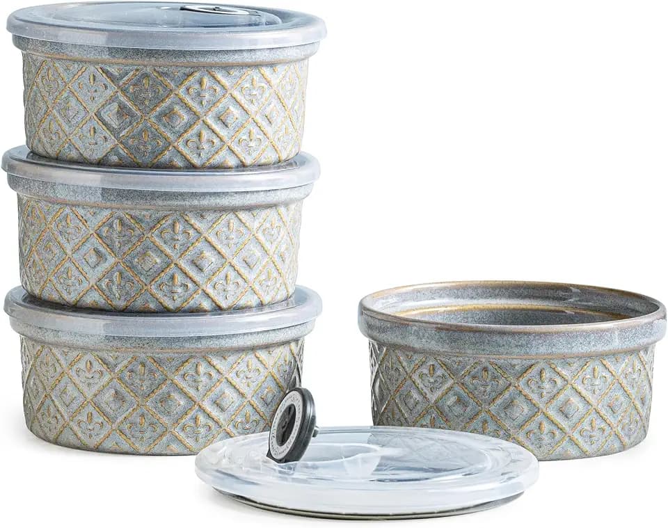 16 oz Ramekins with Lids Oven Safe, Ceramic Ramekins for Baking, Creme Brulee, Embossed Pudding Custard Ramekins for Souffle, Porcelain Baking Bowls Set of 4, Gray