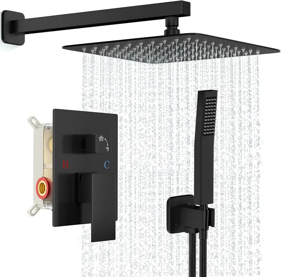 FPXRNG Shower Faucet Set with 12 Inch Matte Black Rain Shower Head