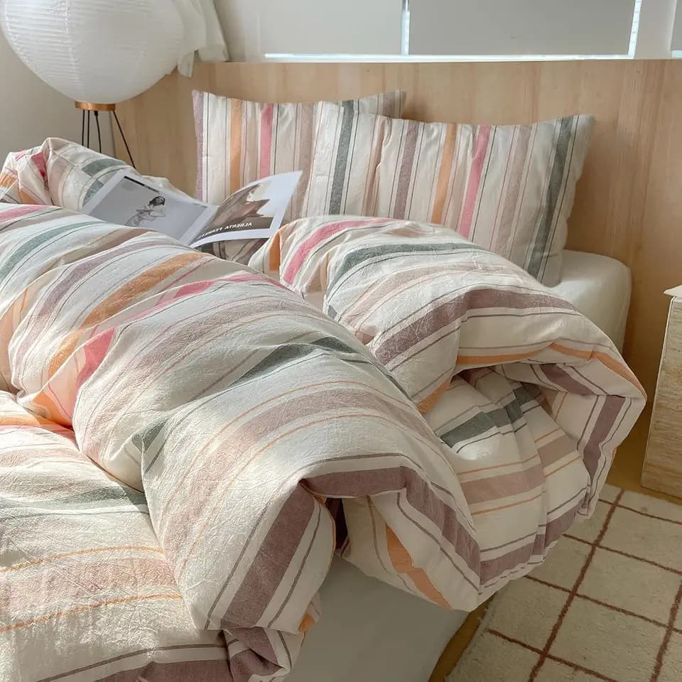 Striped Duvet Cover Set Washed Cotton,Queen(90"x90"),Multicolor Art Stripes