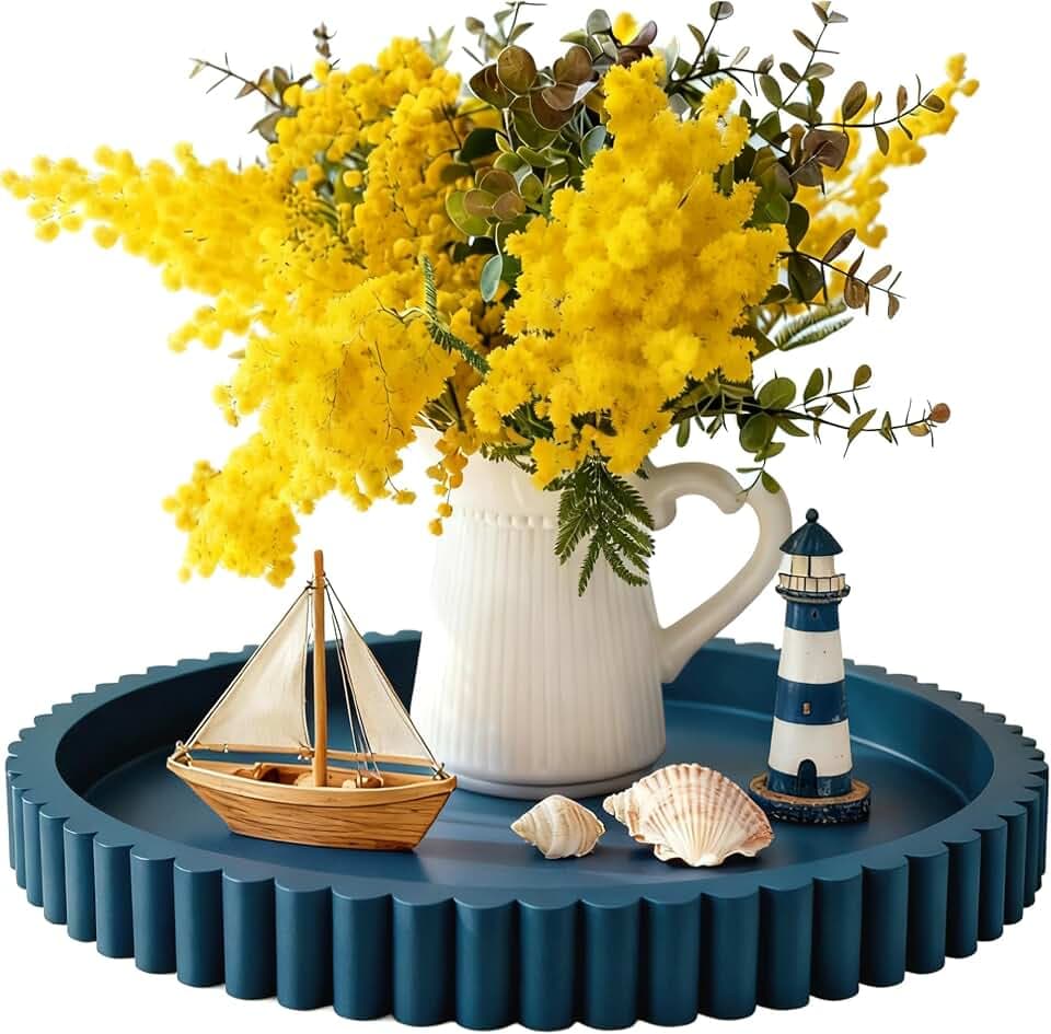 Handmade 12in Decorative Tray for Coffee Table Tray Decor, Blue Wooden Decorative Round Tray for Kitchen, Living Room, Home Decor