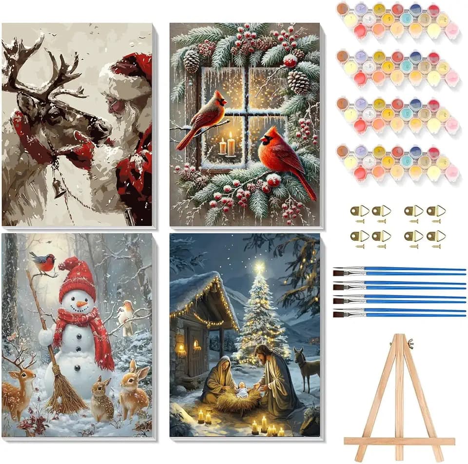 mjcakrn 4 Pack Christmas Paint by Numbers Kit for Adults with Framed Easel