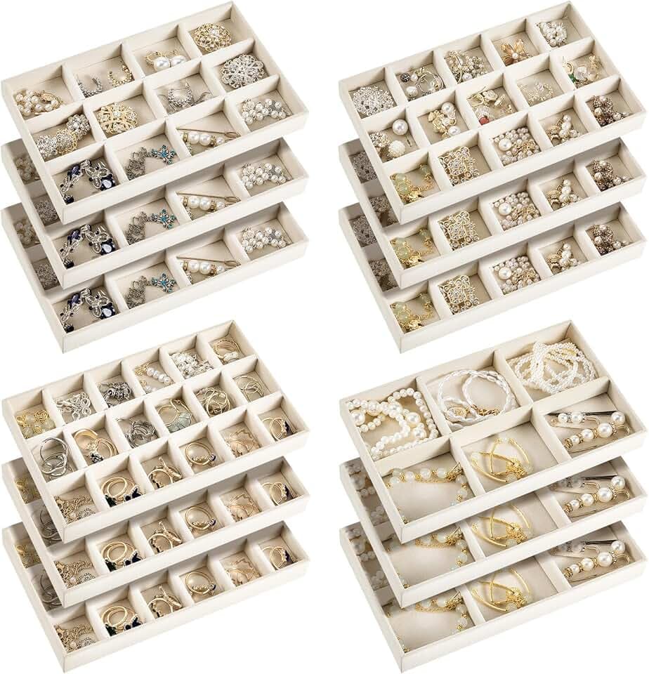 Junkin 12 Pcs Velvet Jewelry Organizer Tray, Stackable Storage