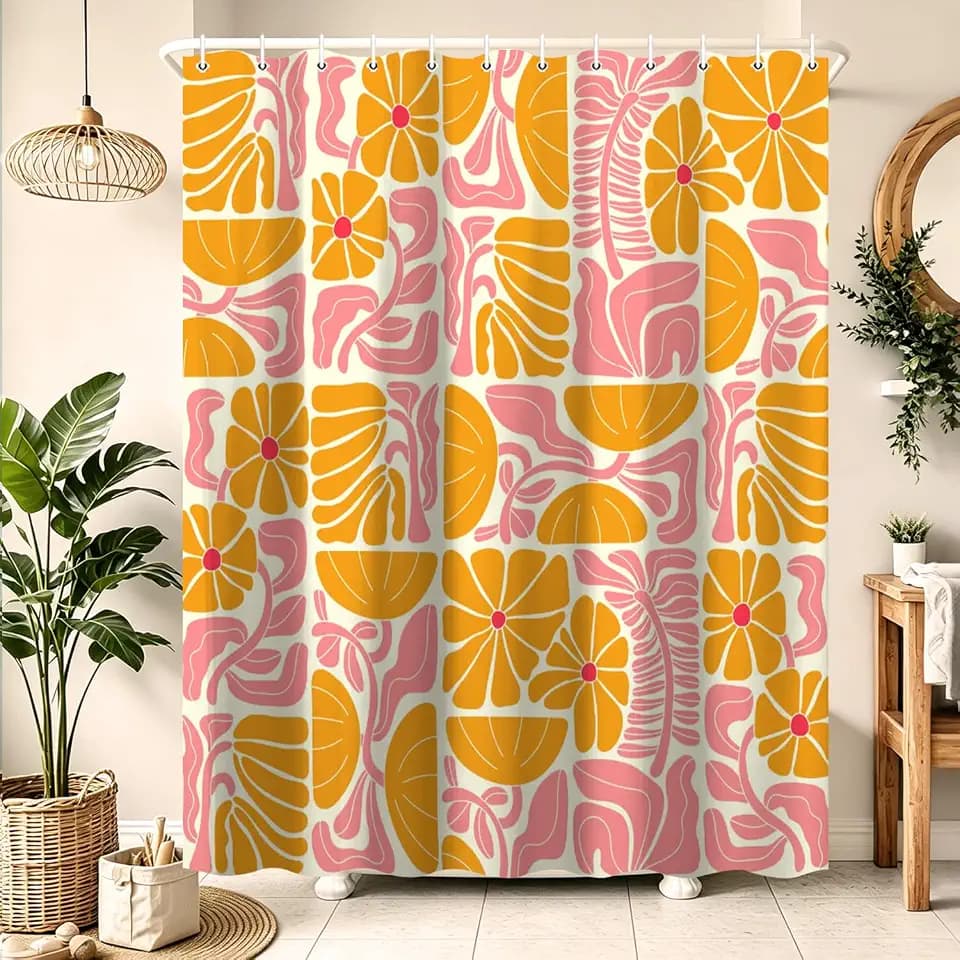 Boho Abstract Colorful Floral Shower Curtain, Vintage Retro Patchwork Orange Pink Flower Botanical Geometric Aesthetic Groovy Bathroom Decor Shower Curtain Set with 12 Hooks, 70X70IN