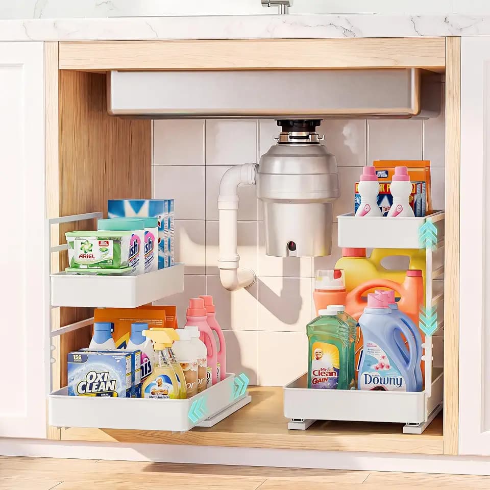 EVERIE Height Adjustable 2 Tier Metal Pull Out Slide Shelf Organizer for Framed or Frameless Under Sink Cabinets in Kitchen, Bathroom, with Snap-on Top Tray (White, 2 Sets)