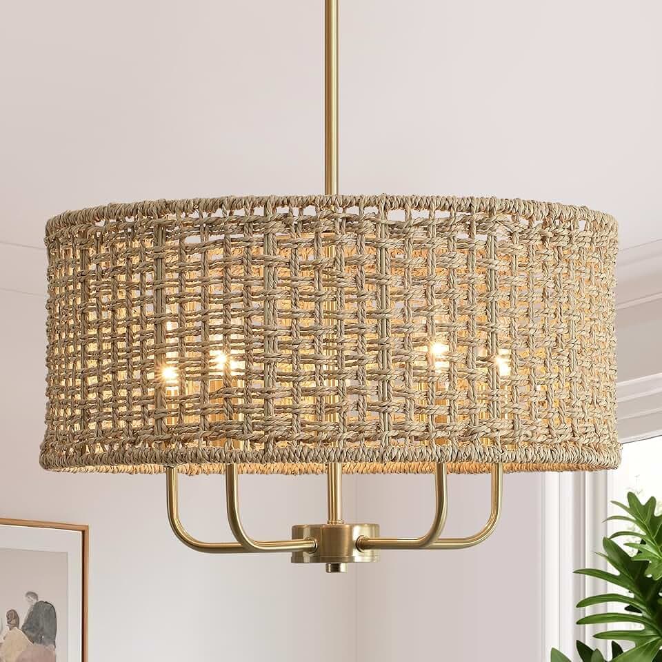 17.7" Rattan Chandelier, 5-Light Boho Gold Pendant Light