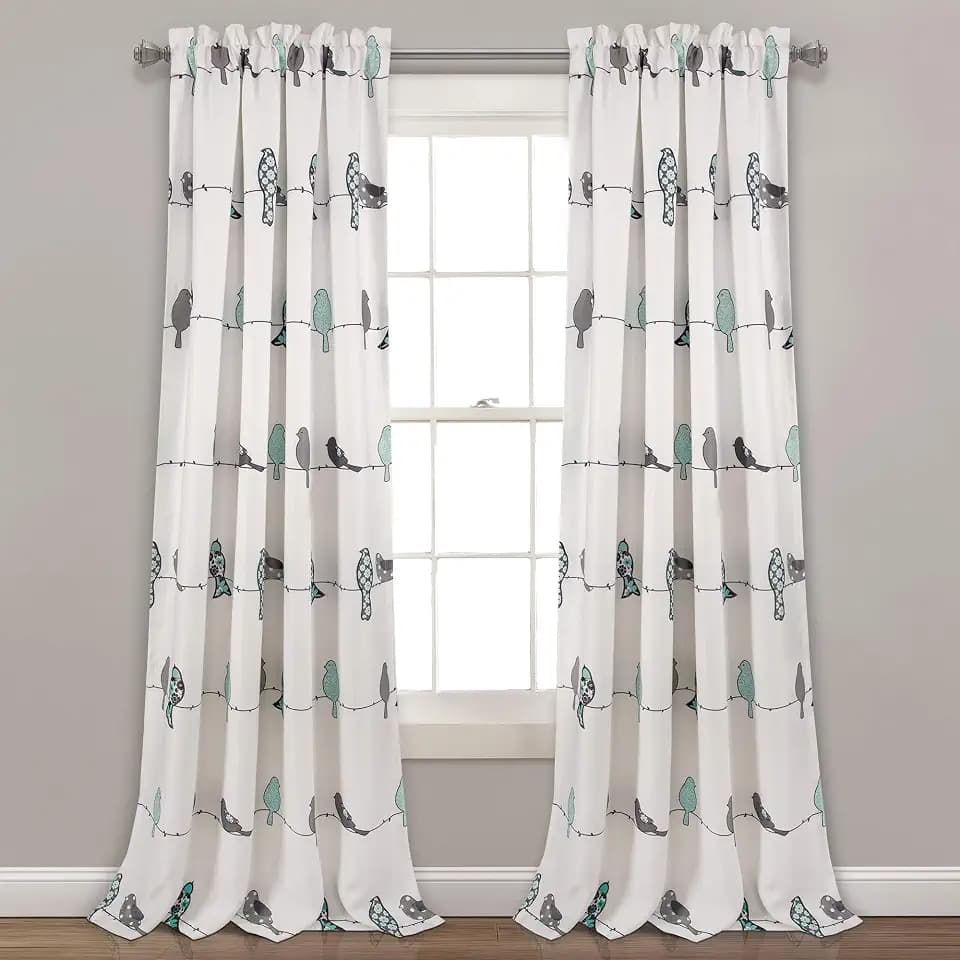 Lush Decor Rowley Birds Light Filtering Window Curtain Panels, Pair, 52" W x 84" L, Blue & Gray - Colorful Floral Print - Whimsical & Playful Bird Curtains For Bedroom, Living Room, Or Dining Room