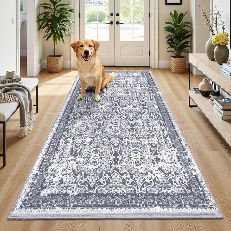 Vaukki Hallway Runner 3x6 ft, Grey Vintage Shaggy Soft Kitchen Rug