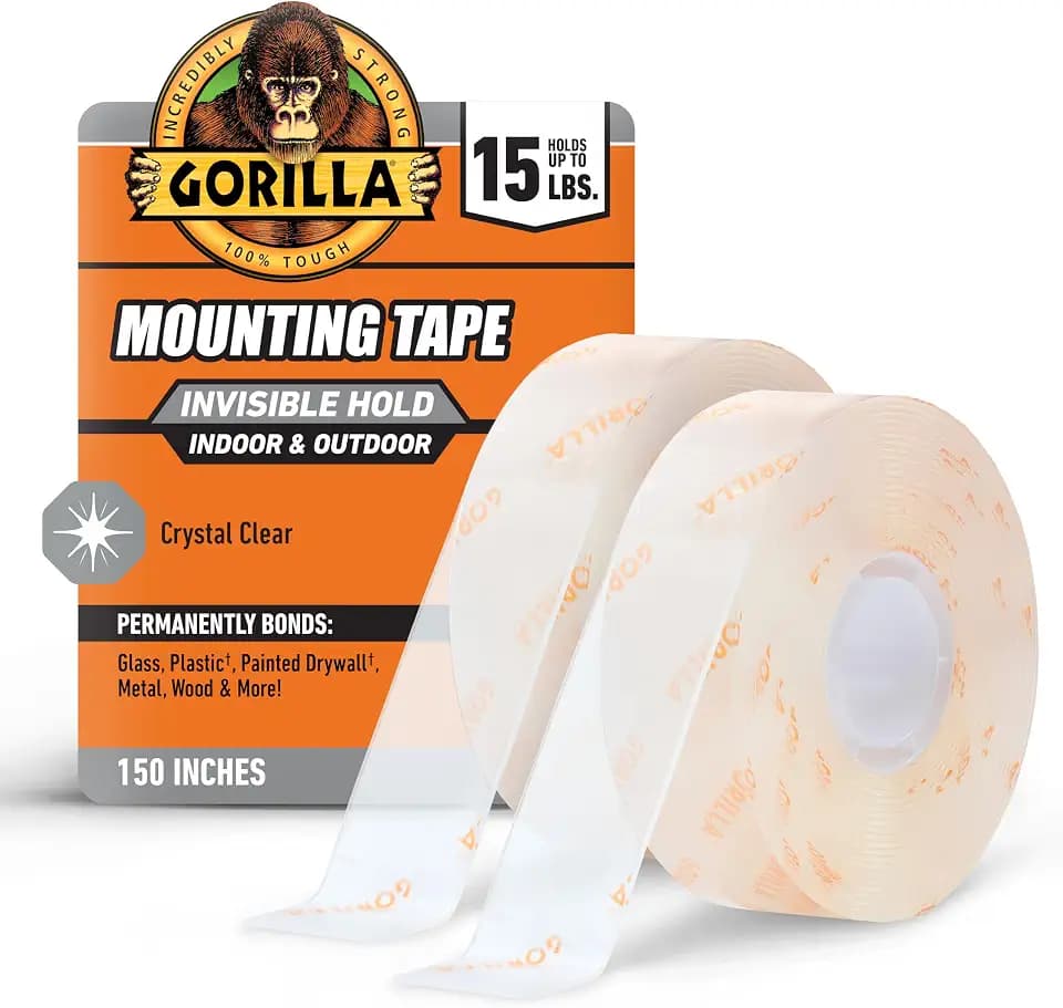 GORILLA Invisible Hold Mounting Tape, 1" x 150", Clear, 2-Pack