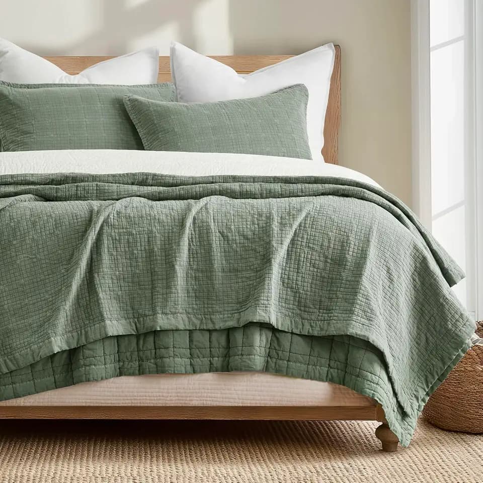 EVERGRACEHOME Stonewashed Cotton Quilt Set, King Size, Olive Green