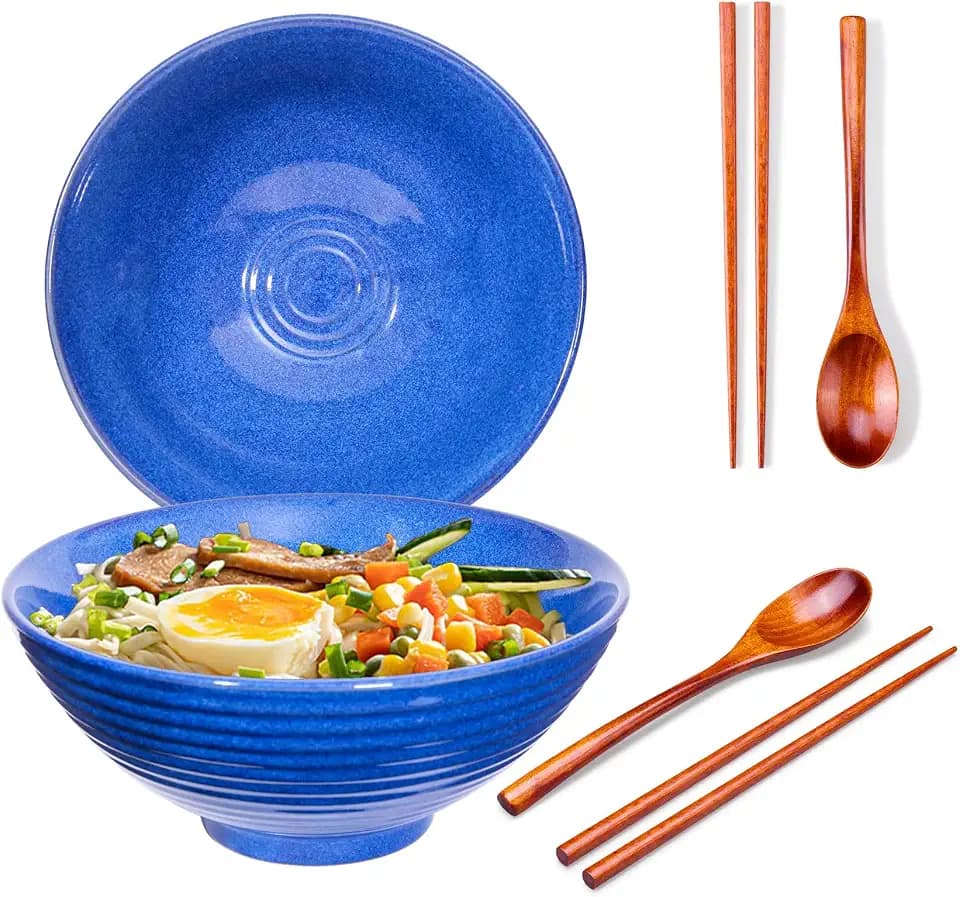 2x Ceramic Ramen Bowls - 40 oz - 20cm - With Spoon and Chopsticks for Ramen Soup Pho Udon Asian Noodles, Large Noodle Bowls (Blue glaze 2 sets)