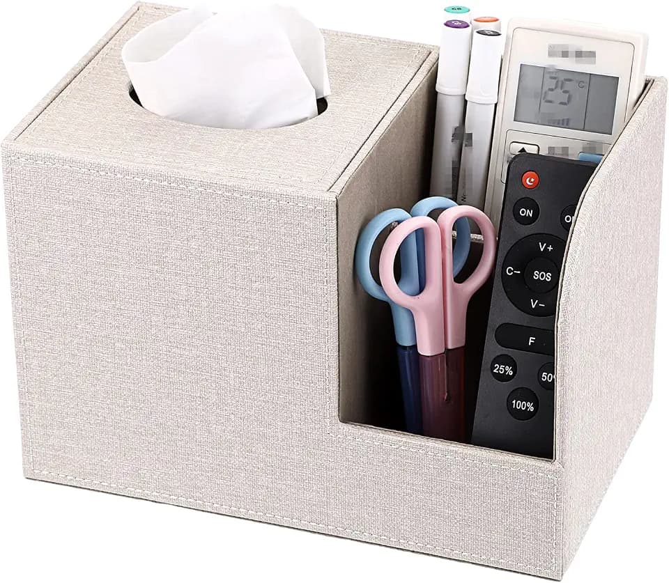 Sumnacon Square Linen Tissue Box Cover with Side Organizer,Beige