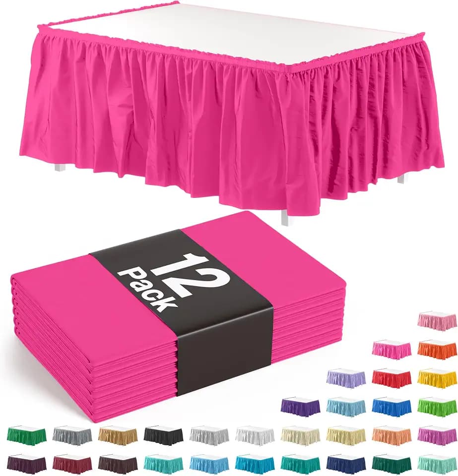 Exquisite Cerise Hot Pink Table Skirt 12 Pack - Disposable Plastic Table Skirts for Rectangle Tables 6ft 8ft & Round Tables - 29in x 14ft Self-Adhesive Strip - Birthday Wedding Gender Reveal Decor