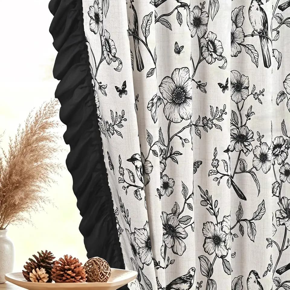Yinhua Floral Linen Curtains for Living Room 84 Inch Length Farmhouse French Bedroom Curtains with Ruffle and Tieback, Light Filtering Window Curtain Rod Pocket Back Tab Drapes, 52"W x 84"L, 2 Panels