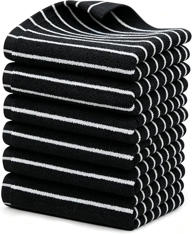 Cotton Black and White Hand Towels Striped for Bathroom, 13 x 29 Inches, Lightweight Quick-Dry Absorbent, 6 Piece Set