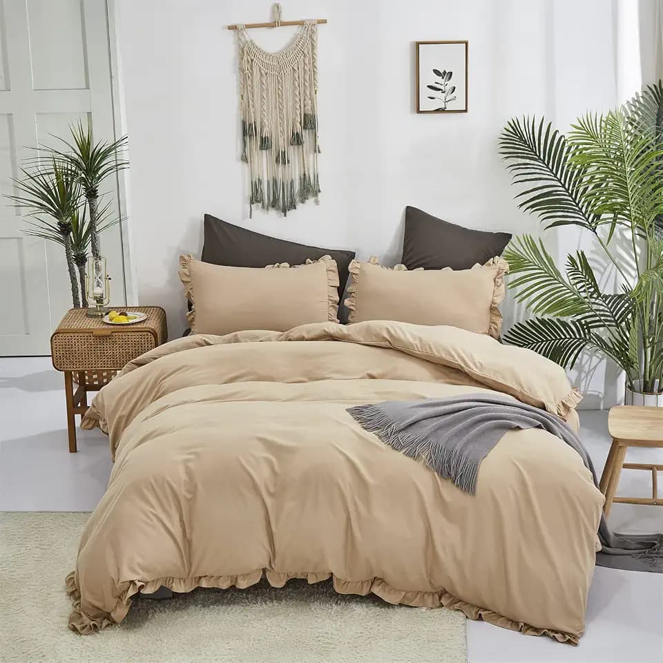 CLOTHKNOW Champagne Ruffle Queen Comforter Set Taupe Bedding Comforter Sets Soft Shabby Chic Farmhouse Comforter with 2 x Pillow Cases