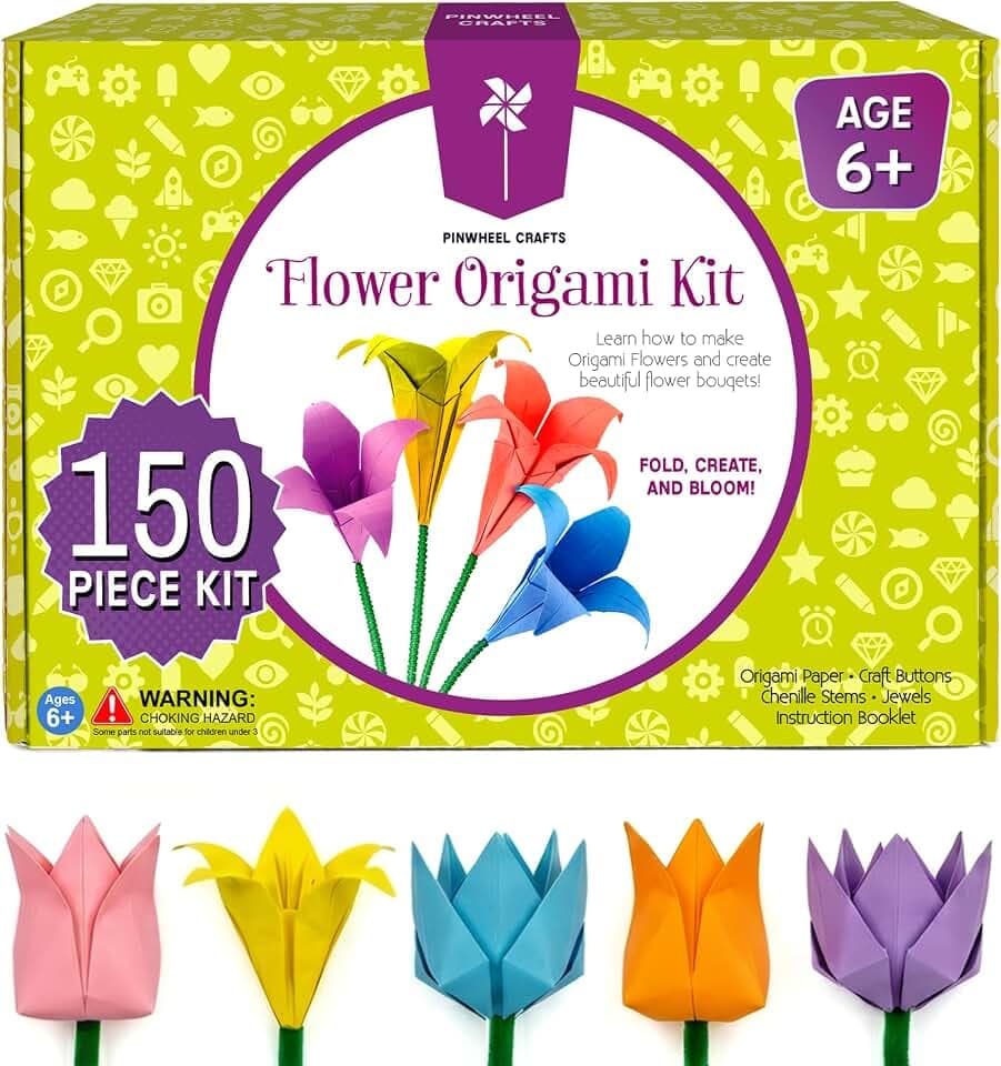 Pinwheel Crafts Flower Origami Kit for Kids Ages 8-12, 150 Pcs