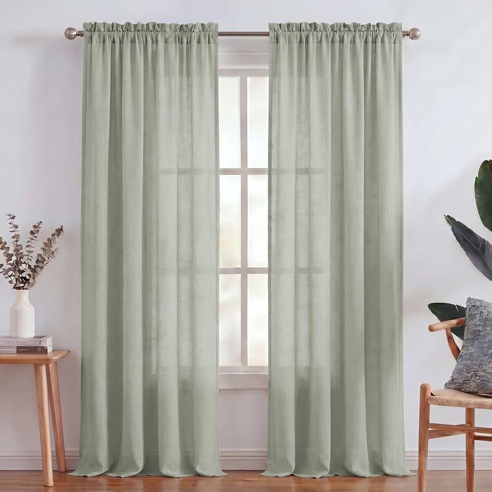 Turquoize Linen Sheer Curtains Natural Linen Semi Sheer Curtains Light Filtering Burlap Curtain Rod Pocket Window Treatments Panels/Drapes, Privacy Assured, 96 Inches Length (2 Panels, Sage)