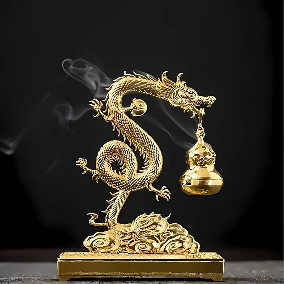 Golden Chinese Dragon Incense Holder– Dual-Use Metal Feng Shui Decor with Hanging Gourd Cone Incense Burner & Hidden Stick Holder – Spiritual Aromatherapy Gift for Meditation, Home & Office Decoration