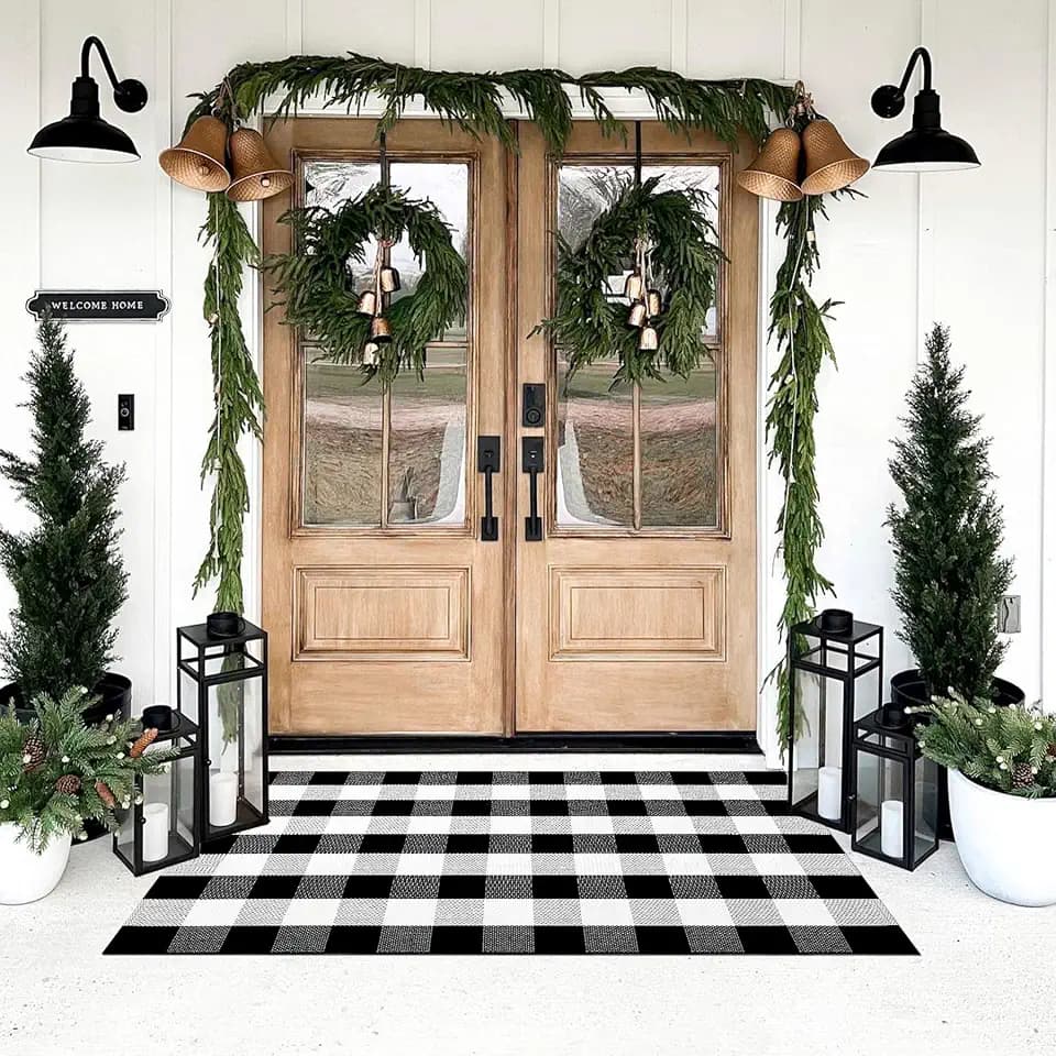 SEEKSEE Buffalo Plaid Outdoor Rug 3' x 5' Black and White Front Door Mat, Layering Rug for Porch, Washable Doormat, Cotton Area Rug for Outdoor Entrance Entryway Patio Porch Decor