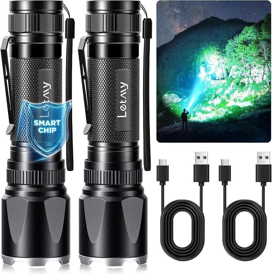 LETMY Rechargeable Flashlights High Lumens, 2000 Lumens, 3 Modes, 2 Pack