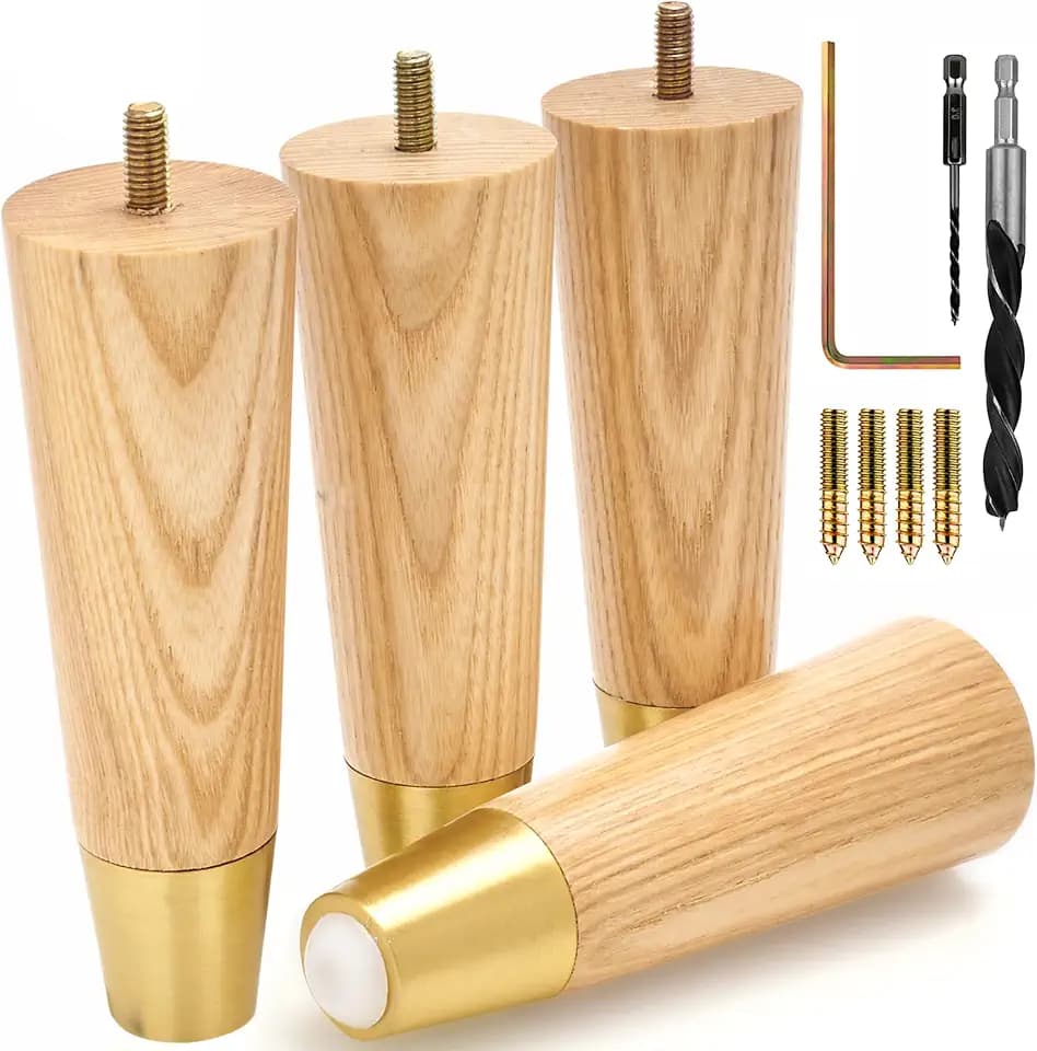Airy Abode Premium Ash Wood Furniture Legs with Gold Caps (Full Install Kit) - Pick Your Size and Color