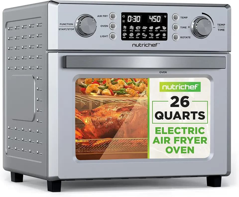 NutriChef 26L Electric Air Fryer Oven | 1700W Countertop Rotisserie & Air Fryer | 360° Rotating Feature | 10 Menu Presets | Includes Drip Tray, Air Frying Basket & Bake Rack 15x16x14 | Stainless Steel