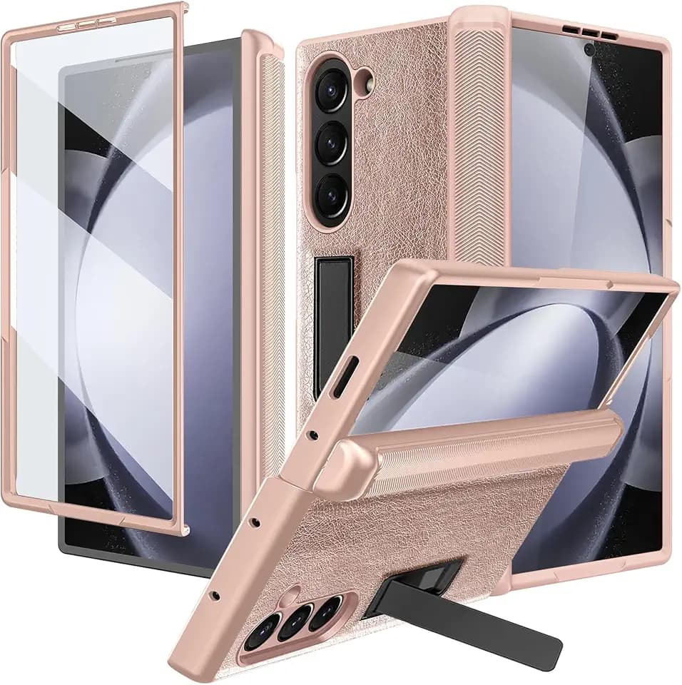 Ninki for Samsung Galaxy Z Fold 6 Case with Metal Stand & Magnetic Hinge, Leather Phone Case for Galaxy Z Fold 6 Women, Gold