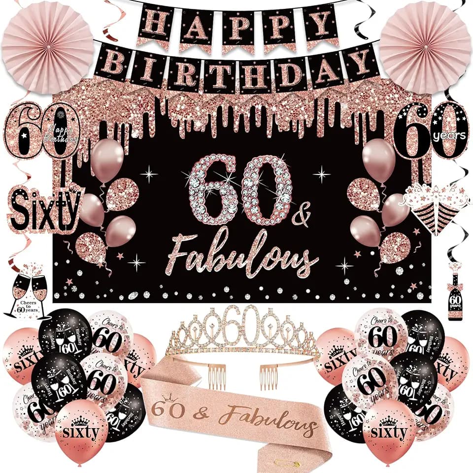 60th Birthday Decorations for Women, Happy 60th Birthday Banner Crown Sash