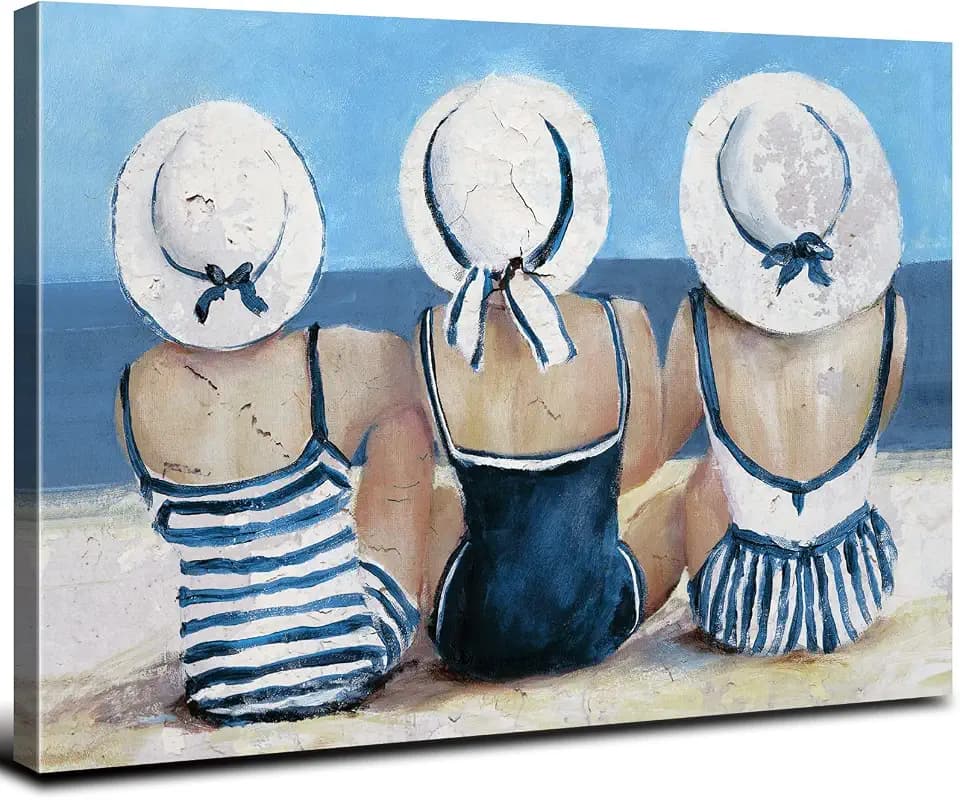 Coastal Beach Girls Wall Art Vintage Ocean Pictures Beach Wall Decor for Bathroom Bedroom Navy Blue and White Swimsuit Canvas Paintings Girl Friends Sun Bathing Artwork Living Room Home Decoration