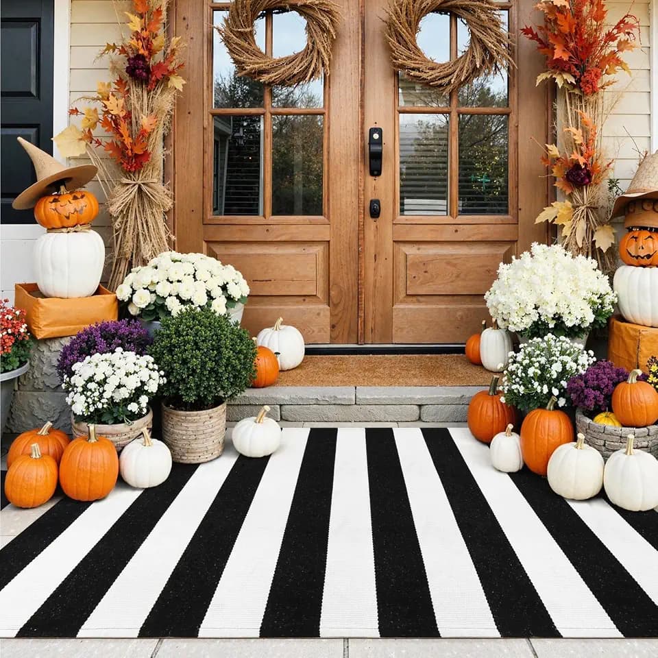 KIMODE Black and White Outdoor Rug Fall Front Door Mat Porch Paito Rug