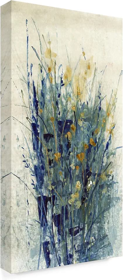 Wrapped Canvas Wall Art - Tim Otoole 'Indigo Floral Ii' Wall Art for Living Room, Bedroom, or Office Décor - 10x19