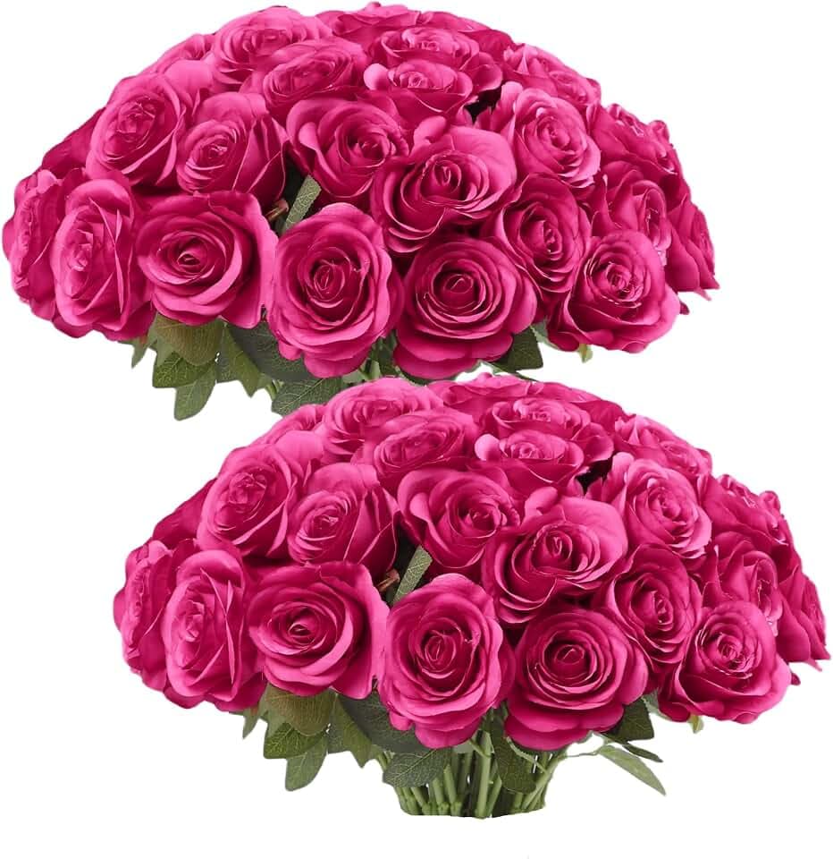 JUSMAI 50pcs Hot Pink Roses Artificial Flowers Real Touch Fake Flowers with Long Stems Silk Flowers for Wedding Bouquet Centerpices Decorations Party Bridal Baby Shower Home Decor