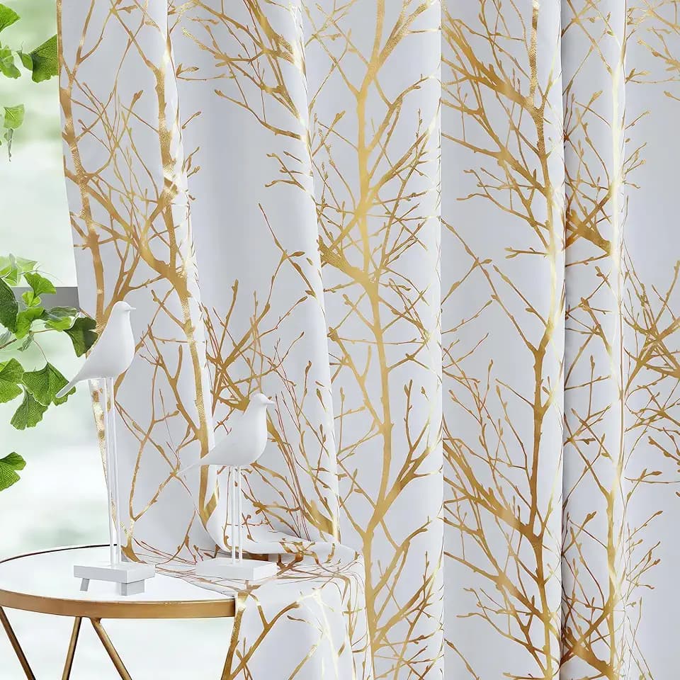 FMFUNCTEX 100% Blackout Ivory Gold Foil Tree Curtains 84 Inch 2 Panels
