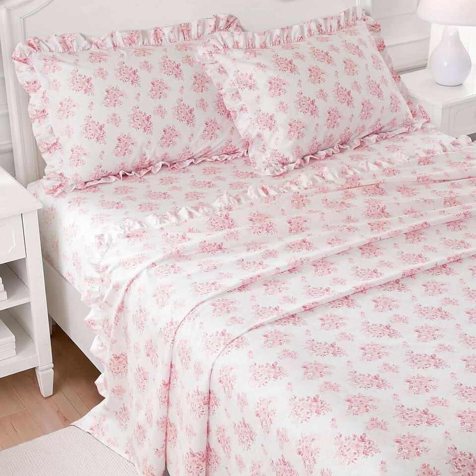 Intelligent Design Floral Ruffle Twin XL Sheet Set 3 Piece, White/Pink