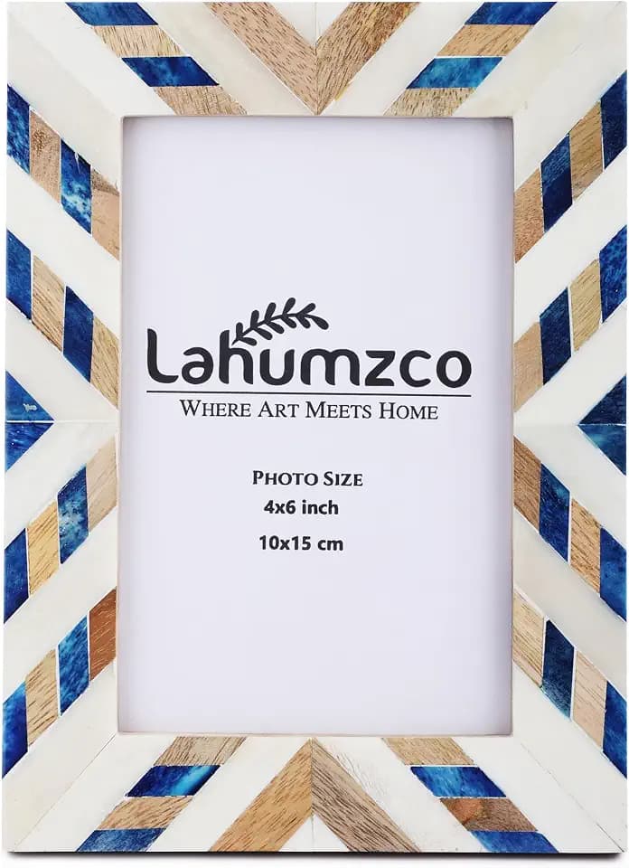 Handmade Picture Frame Chevron Art Inspired Vintage Table-Top/Wall Décor With Real Glass Boho Photo Frames (4x6 Inches, Tribal Blue)