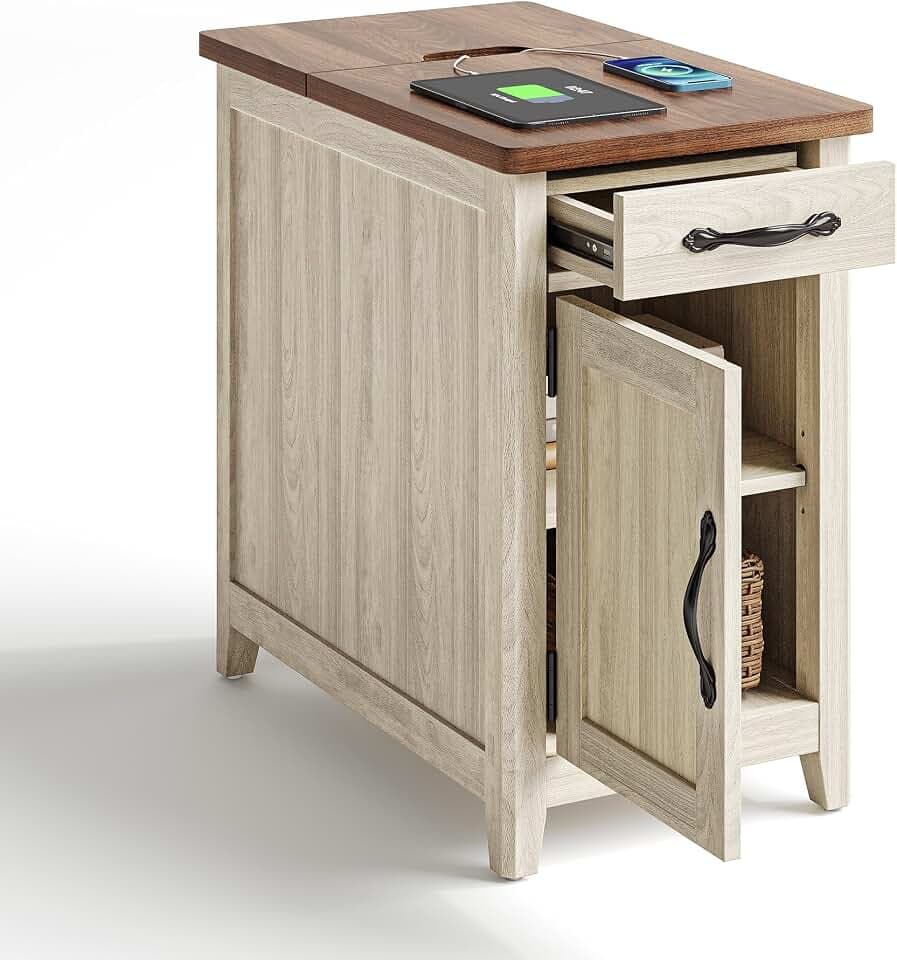 LINSY HOME Charging End Table with USB Ports, Wooden Door, Washed Grey