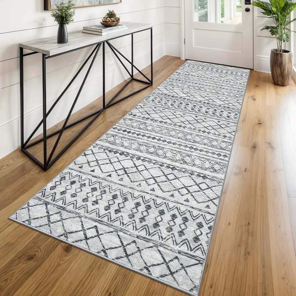 KUTA Moroccan Washable Runner Rug 2.6x8 Grey Boho Hallway Runners