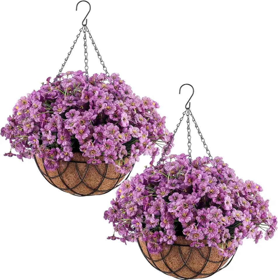 Beeveer 2 Pack Artificial Hanging Flower Basket for Outdoor Decoration Faux Orchid Hanging Plants with Coconut Lining Basket Fake Arrangement for Porch Courtyard Decor