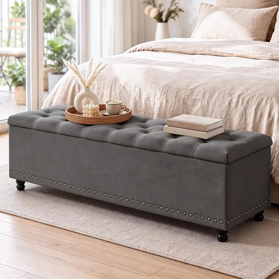51" Storage Ottoman Bench with Wooden Legs and Soft-Close, Dark Grey