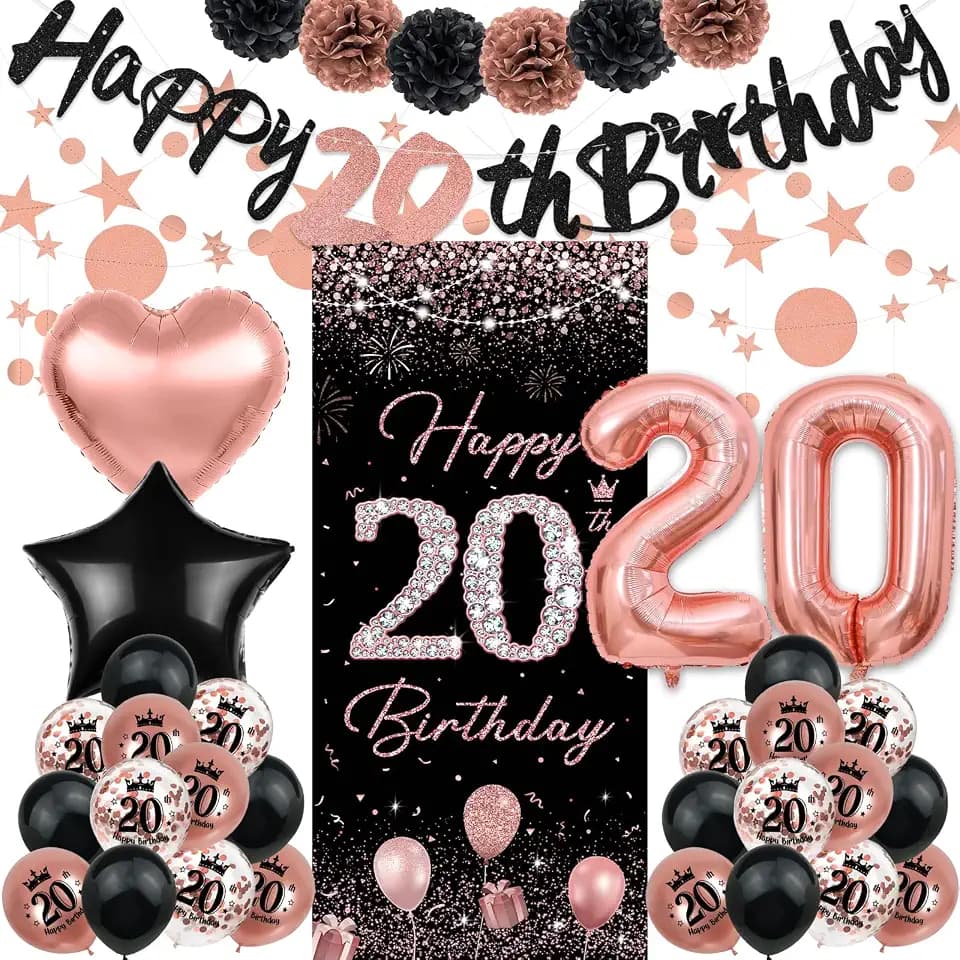 20th Birthday Decorations for Girls, TSVATE Rose Gold Happy 20th Birthday Decorations, Happy 20th Birthday Banner, 20th Birthday Backdrop Yard Door Wall, 20th Birthday Balloons, Pompoms, Star Streamer