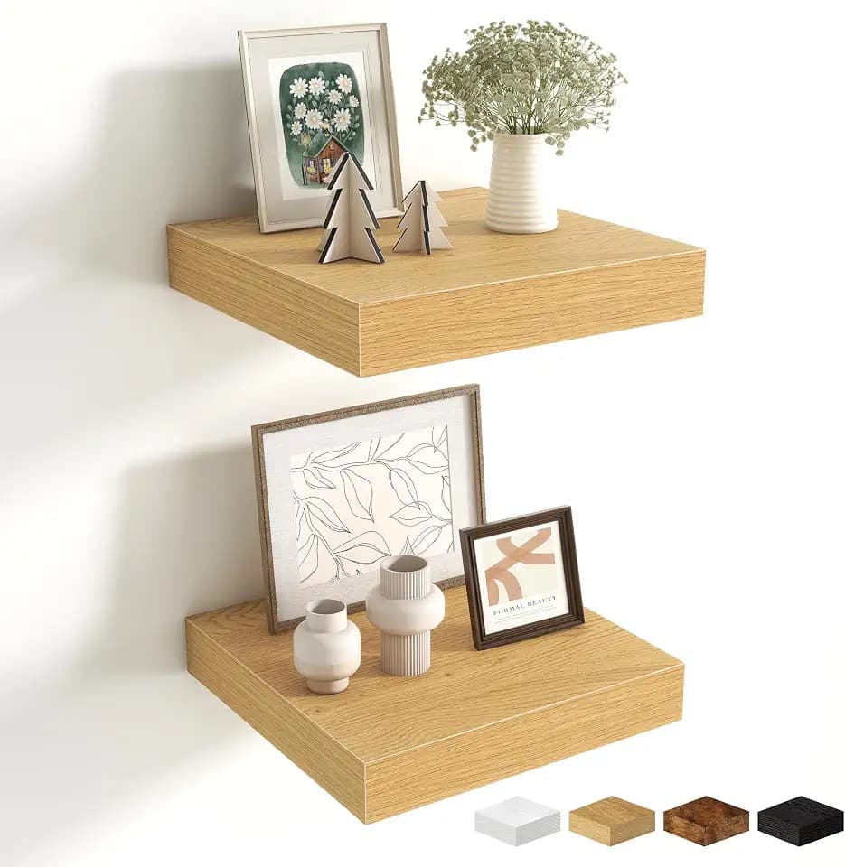 Fun Memories Floating Shelves for Wall - 10" x 10" Wood Shelf with Invisible Bracket - Deep Floating Shelves - 10 Inch Shelf Wall-Mounted for Living Room & Bathroom - Oak - Set of 2