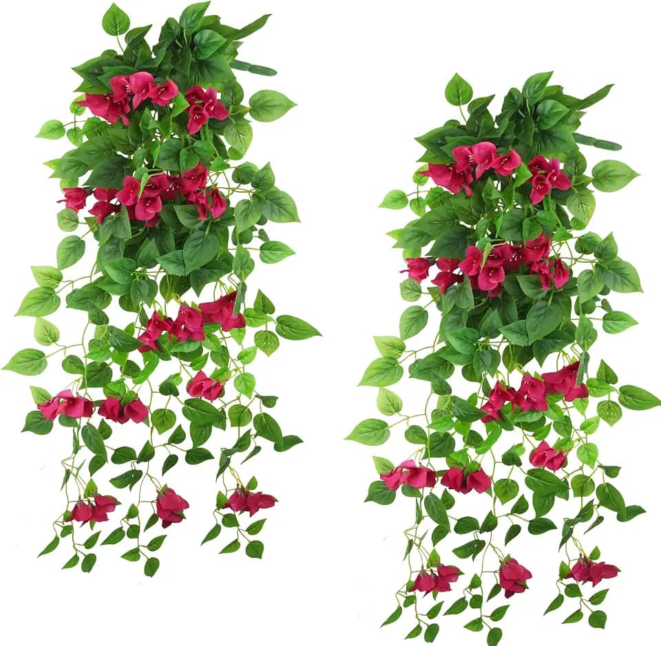 CITYES 2 Pcs Artificial Hanging Flowers for Outdoors Bougainvillea Artificial Vines Rose Red UV Resistant Faux Flowers for Outdoor Planters Wall Porch Patio Balcony Garden Yard Outside Basket Decor