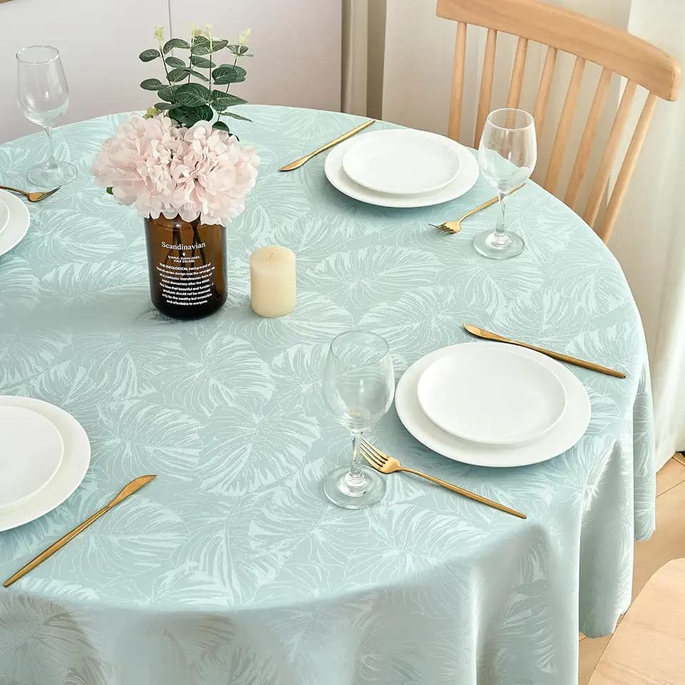 Round Tablecloth 60 Inch Jacquard Table Cloths Waterproof Washable Wrinkle Free Leaves Soft Fabric Tables Cover for 20-48”Table-Dinning Outdoor Birthday Party Kitchen & Linens(Aqua)
