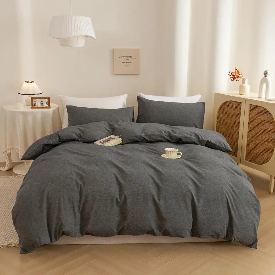 ECOCOTT Grey Duvet Cover Full Size, 100% Washed Cotton 1 Duvet Cover with Zipper and 2 Pillowcases, Ultra Soft and Easy Care Breathable Cozy Simple Style Bedding Set(Dark Grey)