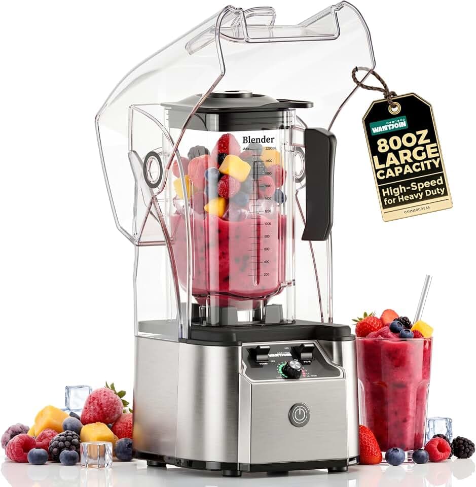 WantJoin Commercial Professional Blender With Shield Quiet Sound Enclosure 2200W Industries Strong and Quiet Professional-Grade Power, Self-Cleaning, Silver