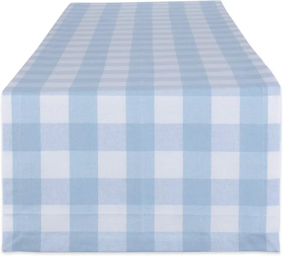 DII Buffalo Check Collection, Classic Farmhouse Table Runner, 14x72", Light Blue & White