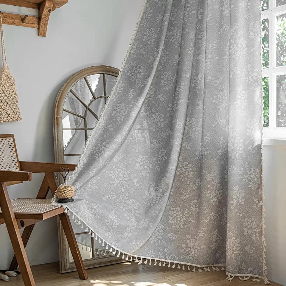 ENJOYBRIDAL Floral Curtains 84 Inch Long Grey Light Filtering Drapes Rod Pocket Bedroom Living Room Semi Sheer Window Curtains 2 Panel Sets Floor Length Farmhouse Boho Cute Window Treatments