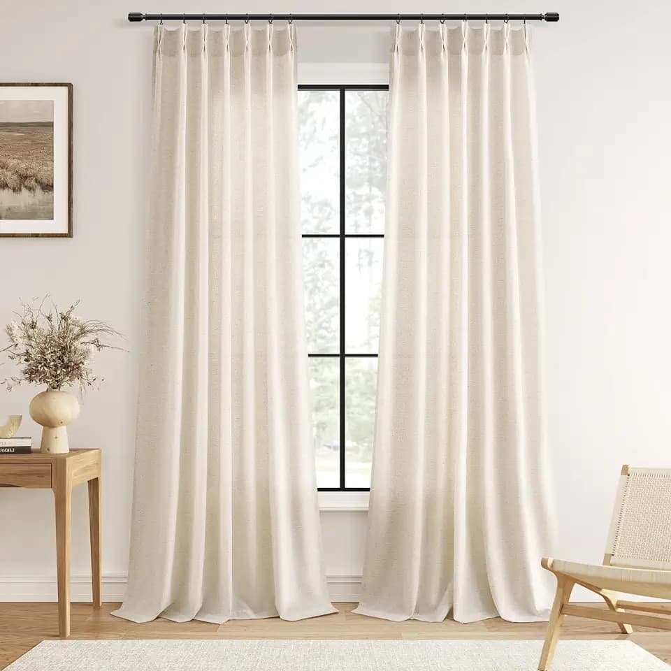 Pinch Pleated Linen Curtains 92 Inche Long for Living Room Bedroom Semi Sheer Back Tab Natural Cream Light Filtering Neutral Boho Modern Farmhouse Drapes 92 Length 2 Panels for Dining Room Beige Ivory