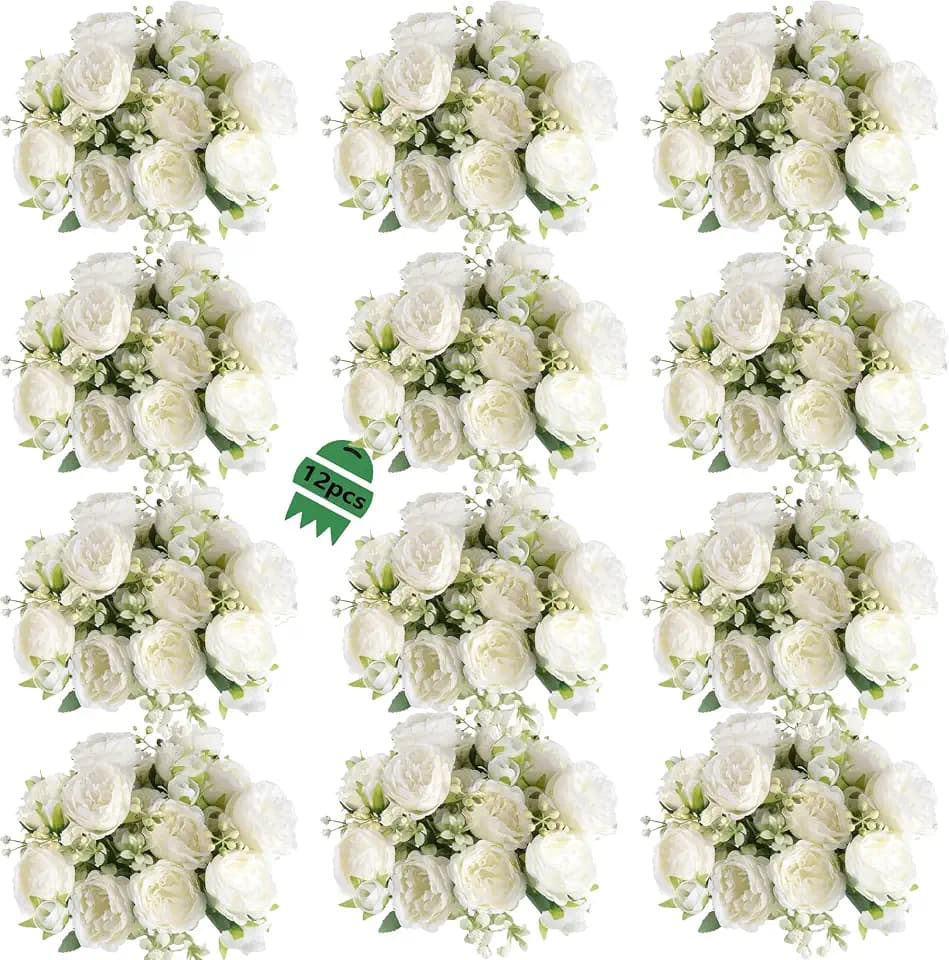 Peonies Artificial Flowers 12 Bouquets,White Flowers Lifelike Silk Fake Peonies with Stems for Home Table Centerpieces, Wedding, Party & DIY Bridal Floral Arrangements (12, White)