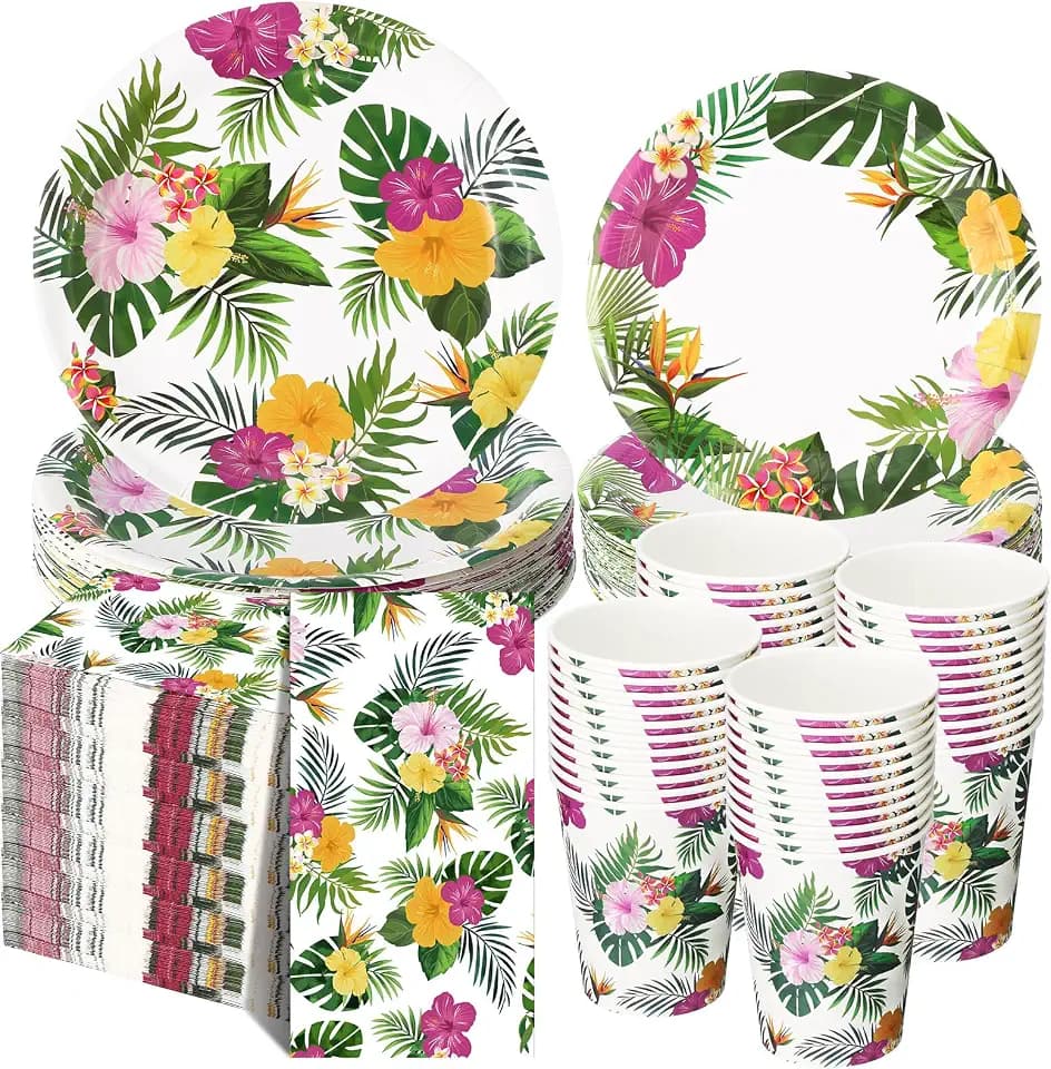 Pickmesh 250 Pcs Hawaiian Paper Plates Napkins Cup Set, Tropical Luau Plate